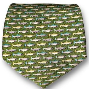 VINEYARD VINES Men’s Designer Green  Fish print Motif 100% Silk Tie